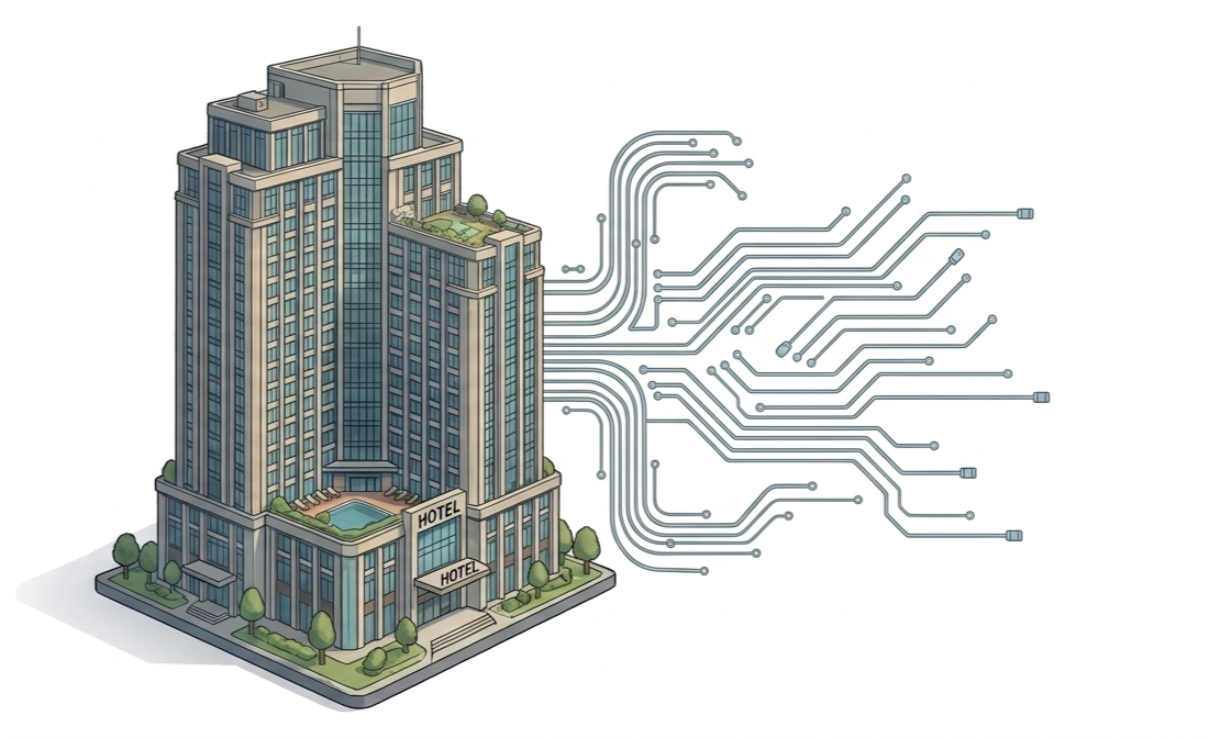 Hotel building with AI connectivity
